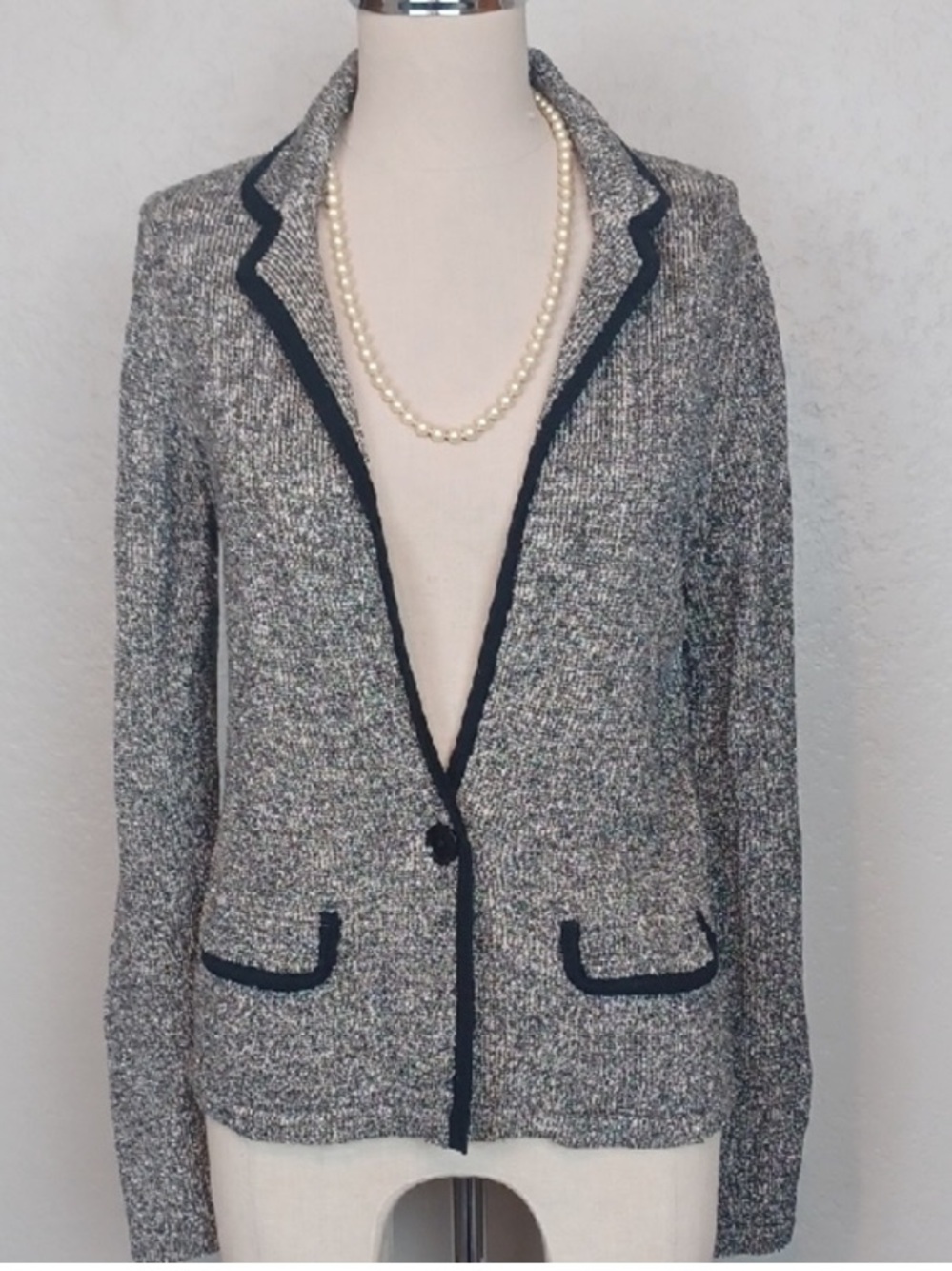 Banana Republic Gray Tweed Knit Blazer Cardigan with Navy Trim